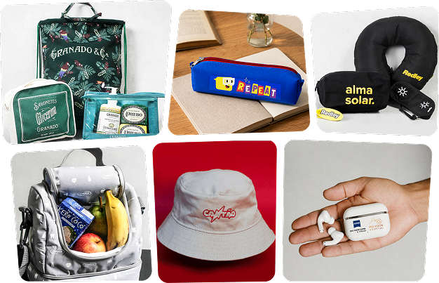 Grid de brindes corporativos e produtos personalizados mostrando seis itens: kit de bolsas e sabonetes Granado, estojo escolar azul com estampa Repeat, kit de viagem com almofada de pescoço e nécessaire da Redley e Alma Solar, lancheira térmica cinza preenchida com frutas e bebidas, chapéu tipo bucket hat branco com bordado da Cantão, e uma mão segurando um estojo de fones de ouvido personalizado com a marca Zeiss.