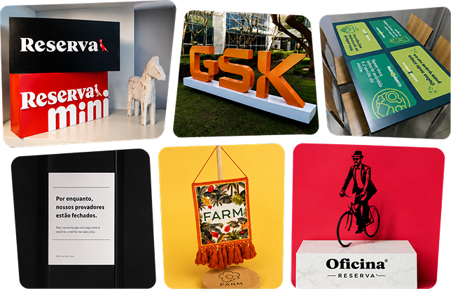 Grid de comunicação visual mostrando seis exemplos de sinalização e branding: letreiros luminosos das marcas 'Reserva' e 'Reserva Mini', letras volumétricas 'GSK', adesivação de mesa com QR codes, aviso em português sobre provadores, placa decorativa da 'FARM' com franjas, e um display da 'Oficina Reserva' com silhueta de ciclista.