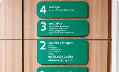Placa de sinalização hospitalar verde em formato de painéis sobrepostos em parede de madeira, indicando os andares: 4 para serviços restritos, 3 para pediatria e 2 para exames de imagem e medicação adulta.